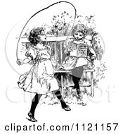 Poster, Art Print Of Retro Vintage Black And White Girls Outside One Jumping Rope The Other Reading