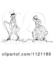 Clipart Of A Retro Vintage Black And White Maid Walking Behind A Man Royalty Free Vector Illustration