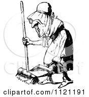 Clipart Of A Retro Vintage Black And White Old Woman Sweeping Royalty Free Vector Illustration