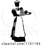 Clipart Of A Retro Vintage Black And White Maid Serving 2 Royalty Free Vector Illustration
