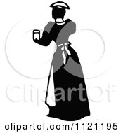 Clipart Of A Retro Vintage Black And White Maid Serving A Drink 2 Royalty Free Vector Illustration
