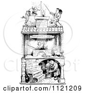 Poster, Art Print Of Retro Vintage Black And White Old Woman Roasting Chickens With Men On The Roof