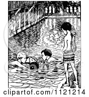 Clipart Of Retro Vintage Black And White Boys Swimming Royalty Free Vector Illustration