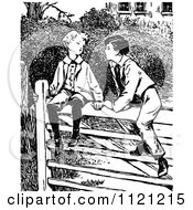 Clipart Of Retro Vintage Black And White Boys Talking On A Fence Royalty Free Vector Illustration