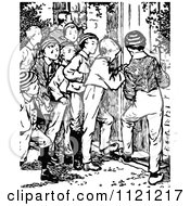 Clipart Of Retro Vintage Black And White Boys Breaking In To A House Royalty Free Vector Illustration