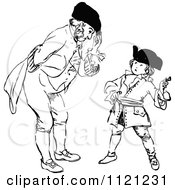 Clipart Of A Retro Vintage Black And White Father Bending Down To Talk To His Son Royalty Free Vector Illustration