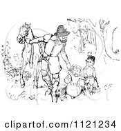 Poster, Art Print Of Retro Vintage Black And White Father Walking His Kids And Horse Through The Woods