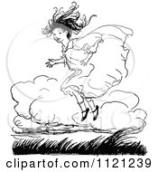 Clipart Of A Retro Vintage Black And White Happy Girl Jumping Royalty Free Vector Illustration