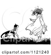 Clipart Of A Retro Vintage Black And White Girl Lecturing A Cat Royalty Free Vector Illustration