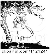 Clipart Of A Retro Vintage Black And White Girl Under A Tree Royalty Free Vector Illustration