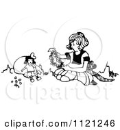 Clipart Of A Retro Vintage Black And White Girl Making A Floral Necklace For Her Doll Royalty Free Vector Illustration