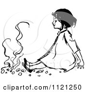 Clipart Of A Retro Vintage Black And White Girl Sitting By A Fire Royalty Free Vector Illustration