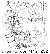 Clipart Of Retro Vintage Black And White Children Picking Berries From A Tree Royalty Free Vector Illustration
