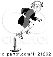 Clipart Of Retro Vintage Black And White Jack Jumping Over The Candlestick Royalty Free Vector Illustration