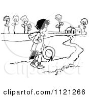 Clipart Of A Retro Vintage Black And White Boy Walking Home From School Royalty Free Vector Illustration
