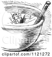 Clipart Of A Retro Vintage Black And White Tiny Boy Falling Into A Bowl Royalty Free Vector Illustration