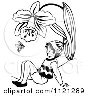 Clipart Of A Retro Vintage Black And White Elf And Bee Under A Daffodil Royalty Free Vector Illustration by Prawny Vintage