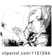 Clipart Of A Retro Vintage Black And White Old Man And Gnat Royalty Free Vector Illustration
