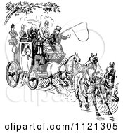 Retro Vintage Black And White Horse Drawn Carriage And Passengers