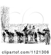 Poster, Art Print Of Retro Vintage Black And White Horse Drawn Carriage And People In A Wet Street With Copyspace