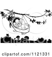 Clipart Of A Retro Vintage Black And White Baby In A Cradle Hanging From A Tree Royalty Free Vector Illustration