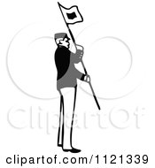 Clipart Of A Retro Vintage Black And White Army Soldier With A Flag 1 Royalty Free Vector Illustration