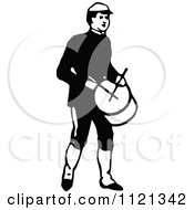 Clipart Of A Retro Vintage Black And White Army Soldier Drummer Royalty Free Vector Illustration