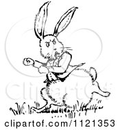 Clipart Of A Retro Vintage Black And White Chubby Rabbit Running Royalty Free Vector Illustration