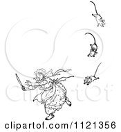 Clipart Of A Retro Vintage Black And White Woman Running From Three Blind Mice Royalty Free Vector Illustration