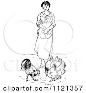 Clipart Of A Retro Vintage Black And White Woman Feeding Chickens Royalty Free Vector Illustration