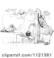 Clipart Of A Retro Vintage Black And White Woman Pumping Water From A Well Royalty Free Vector Illustration