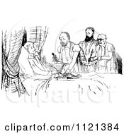 Clipart Of Retro Vintage Black And White Lawyers And Man On His Death Bed Royalty Free Vector Illustration