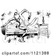 Clipart Of Retro Vintage Black And White Bed Bugs Attacking A Man 4 Royalty Free Vector Illustration