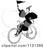 Poster, Art Print Of Retro Vintage Black And White Lady Riding A Bicycle With A Flag