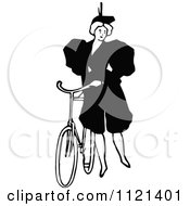 Poster, Art Print Of Retro Vintage Black And White Lady Standing By A Bicycle