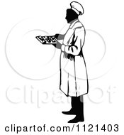 Clipart Of A Retro Vintage Black And White Male Chef Holding A Tray Royalty Free Vector Illustration