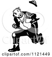 Clipart Of A Retro Vintage Black And White Hobo Man Running Royalty Free Vector Illustration