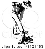 Clipart Of A Retro Vintage Black And White Klondiker Gold Rush Miner Man Digging Royalty Free Vector Illustration