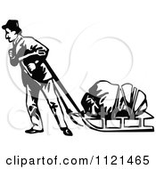 Clipart Of A Retro Vintage Black And White Klondiker Gold Rush Miner Pulling A Sled Royalty Free Vector Illustration
