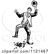 Clipart Of A Retro Vintage Black And White Klondiker Gold Rush Miner Man Celebrating Royalty Free Vector Illustration