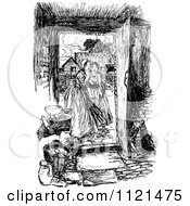 Clipart Of Retro Vintage Black And White Women At An Open Door Royalty Free Vector Illustration