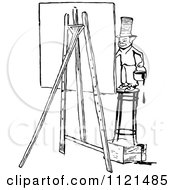 Clipart Of A Retro Vintage Black And White Tiny Man Painting Royalty Free Vector Illustration