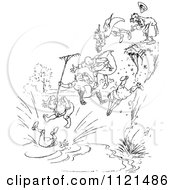 Clipart Of Retro Vintage Black And White Men Falling Off Of A Cliff Royalty Free Vector Illustration