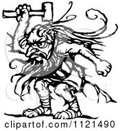 Clipart Of A Retro Vintage Black And White Troll With An Axe Royalty Free Vector Illustration