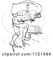 Clipart Of A Retro Vintage Black And White Man Carrying Malt Up Stairs Royalty Free Vector Illustration