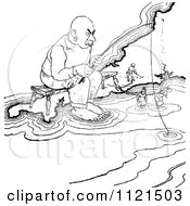 Clipart Of A Retro Vintage Black And White Cornish Orgre Fishing By Tiny Peole Royalty Free Vector Illustration