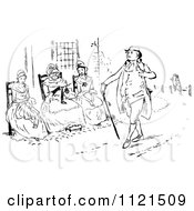 Clipart Of Retro Vintage Black And White Ladies Watching A Man Stroll By Royalty Free Vector Illustration