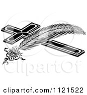 Clipart Of A Retro Vintage Black And White Feather And Cross Royalty Free Vector Illustration