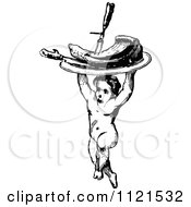 Poster, Art Print Of Retro Vintage Black And White Cherub Carrying A Plate Of Meat