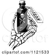 Clipart Of A Retro Vintage Black And White Skeleton Hand Holding Poison Royalty Free Vector Illustration
